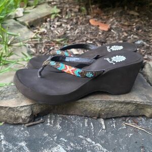Yellow Box Tribe Turquoise Brown Orange Beaded 2” Wedge Sandal’s Size 7 …